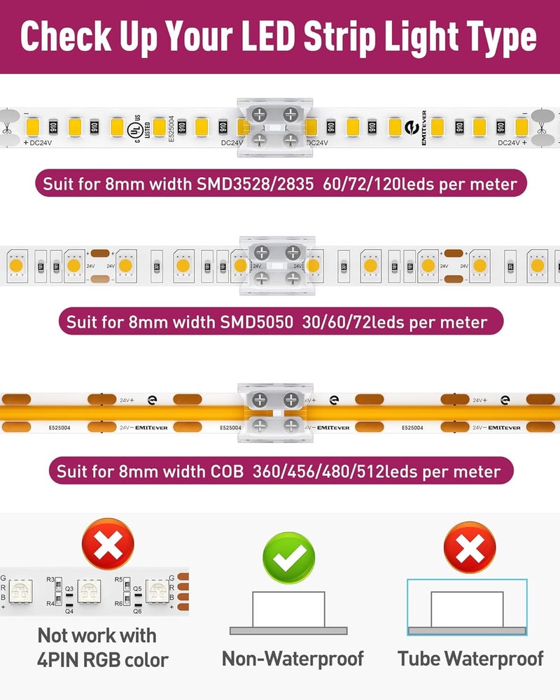 EMITEVER LED Strip Connectors,12 Packs LED Tape Light Connector 2 Pin Solderless Tighten Screw Transparent Tape to Tape Connectors for 5V 12V 24V 8mm Width LED Strip Lights - Image 2